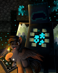 Size: 2938x3731 | Tagged: safe, artist:pridark, oc, oc only, oc:scorched earth, pegasus, pony, high res, minecraft, pegasus oc, solo, this will end in death, warden (minecraft)