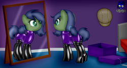 Size: 7680x4154 | Tagged: safe, artist:damlanil, oc, oc:gray hat, earth pony, pony, bdsm, bed, bedroom, bodysuit, bondage, boots, box, butt, catsuit, clothes, collar, commission, corset, female, gimp suit, hat, high heels, latex, latex boots, latex suit, mare, mirror, package, plot, rubber, shiny, shoes, show accurate, solo, standing, suit, vector