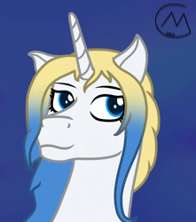 Size: 882x996 | Tagged: safe, artist:maître cervidé, oc, oc only, oc:loopina, pony, unicorn, animated, blue background, bust, commission, ear flick, female, floppy ears, gif, portrait, signature, simple background, solo, ych result