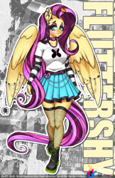 Size: 792x1224 | Tagged: safe, artist:inkkeystudios, gameloft, fluttershy, pegasus, anthro, g4, my little pony: magic princess, clothes, edgy, edgy fluttershy, emo, fishnet stockings, goth, jewelry, makeup, punk, skirt, socks, solo, thigh highs