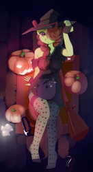 Size: 979x1800 | Tagged: safe, artist:drafthoof, oc, oc:oil drop, cat, anthro, black cat, braid, broom, candle, clothes, dress, embarrassed, female, fingerless gloves, gloves, hair over one eye, halloween, hat, high heels, holiday, jack-o-lantern, looking at you, lying down, partially undressed, pumpkin, shoes, shoes off, solo, stocking feet, stockings, thigh highs, witch, witch hat