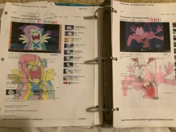 Size: 3264x2448 | Tagged: safe, artist:polorenzielephant, fluttershy, derpibooru, g4, 2012, binder, cyril sneer, drawing, high res, juxtaposition, juxtaposition win, meme, meta, photo, printout, the raccoons, traditional art, you're going to love me, youtube