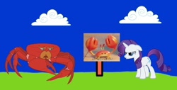 Size: 1077x546 | Tagged: safe, artist:hako33, edit, rarity, crab, giant crab, g4, female, rarity fighting a giant crab, sign