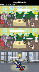 Size: 1920x3516 | Tagged: safe, artist:platinumdrop, commander hurricane, derpy hooves, fluttershy, princess platinum, private pansy, rainbow dash, rarity, spike, oc, dragon, pegasus, pony, unicorn, comic:royal blunder, g4, 20% cooler, 3 panel comic, abuse, alternate universe, ankle cuffs, armor, ball and chain, bars, beefspike, bone, bowl, bust, cake, cape, chained, chains, clothes, column, comic, commission, crown, cuffed, cuffs, dead, derpybuse, dialogue, door, drink, drinking, dungeon, ears back, eating, eyes closed, female, floppy ears, flower, folded wings, food, garden, gem, gigachad spike, glowing, glowing horn, gold, guard, hat, hoof hold, horn, indoors, jail, jail cell, jewelry, knight spike, magic, makeup, male, mare, muffin, muffin denial, muscles, muscular male, older, older derpy hooves, older fluttershy, older rainbow dash, older rarity, older spike, open mouth, pillar, plants, platinum, pleading, princess, prison, prison cell, prison outfit, prison stripes, prisoner, punishment, regalia, restraints, royal, royalty, sad, shackles, sitting, skeleton, spear, speech bubble, spider web, stallion, statue, table, tablecloth, talking, tea, tea party, teapot, telekinesis, time skip, torch, uniform, vase, walking, wall of tags, weapon, window, wings