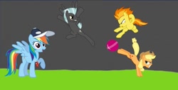 Size: 1080x547 | Tagged: safe, artist:chainchomp2 edits, artist:hako33, edit, applejack, rainbow dash, spitfire, thunderlane, earth pony, pegasus, pony, comic:sports up, g4, ball, female, gray background, kicking, low effort, male, mare, rainbow dashs coaching whistle, referee, referee rainbow dash, simple background, stallion, whistle, whistle necklace