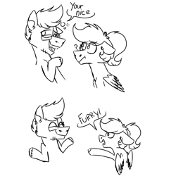 Size: 900x900 | Tagged: safe, artist:fuckomcfuck, oc, oc:doodles, oc:joystick, earth pony, pegasus, pony, drunk, glasses, monochrome, shrug, speech bubble