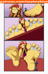 Size: 1280x1969 | Tagged: safe, artist:lazyboyblue, flash sentry, sunset shimmer, human, equestria girls, g4, barefoot, feet, female, fetish, foot fetish, giantess, grin, macro, macro/micro, male, nail polish, one eye closed, pedicure, size difference, smaller male, smiling, soles, tickling, toenail polish, toenails