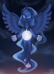Size: 1577x2160 | Tagged: safe, artist:nira the dark, princess luna, alicorn, pony, g4, ethereal mane, feathered wings, female, floating, full body, galaxy mane, galaxy tail, horn, moon, night, peytral, solo, spread wings, starry mane, starry tail, tail, tangible heavenly object, unicorn horn, wings
