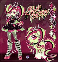 Size: 1280x1356 | Tagged: safe, artist:emperor-anri, oc, oc only, oc:sour cherry, earth pony, human, pony, equestria girls, g4, belt, black lipstick, boots, chains, choker, clothes, color palette, colored eyelashes, colored hooves, dress, ear piercing, earth pony oc, epaulettes, eyeshadow, fangs, female, fingerless gloves, fishnet pantyhose, gem, gloves, gradient legs, hand on hip, hoof polish, lipstick, looking at you, magenta background, magenta eyes, magical lesbian spawn, makeup, mare, microphone, mismatched gloves, nails, nose piercing, nose ring, offspring, open mouth, parent:aria blaze, parent:sunset shimmer, parents:sunaria, piercing, pigtails, punk, reference sheet, ripped stockings, shoes, siren gem, smiling, sparkles, spiked belt, spiked choker, standing, stockings, text, thigh highs, tongue piercing, torn clothes
