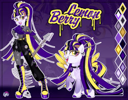 Size: 1280x996 | Tagged: safe, artist:emperor-anri, oc, oc only, oc:lemon berry, human, pegasus, pony, equestria girls, g4, belt, body freckles, boots, chains, clothes, coat markings, color palette, colored hooves, colored wings, colored wingtips, ear piercing, earring, electric guitar, eyeshadow, fangs, female, fishnet pantyhose, freckles, gem, golden eyes, gradient legs, guitar, hand on hip, high ponytail, hoof polish, jewelry, leg freckles, lipstick, long hair, long mane, long tail, magical lesbian spawn, makeup, mare, mismatched shoes, musical instrument, nail polish, offspring, open mouth, pale belly, pants, parent:adagio dazzle, parent:trixie, parents:triagio, pegasus oc, piercing, pin, ponytail, punk, purple background, purple lipstick, raised hoof, reference sheet, ripped pants, shoes, simple background, siren gem, skull, smiling, socks (coat markings), sparkles, spread wings, standing, tail, torn clothes, wings, yellow eyes