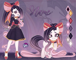 Size: 1280x1021 | Tagged: safe, artist:emperor-anri, oc, oc only, unnamed oc, earth pony, human, pony, equestria girls, g4, adoptable, bow, chains, clothes, collar, color palette, colored hooves, dress, eyeshadow, gloves, gradient hair, gradient legs, gradient mane, gradient tail, hair bow, hand on chest, high heels, hoof polish, lavender background, lidded eyes, lipstick, long hair, long mane, long tail, looking at you, makeup, pink eyes, ponytail, purple lipstick, raised hoof, shoes, simple background, standing, tail