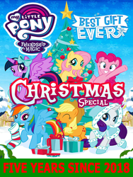 Size: 1074x1428 | Tagged: safe, edit, applejack, fluttershy, pinkie pie, rainbow dash, rarity, twilight sparkle, g4, my little pony best gift ever, 2018, christmas, christmas stocking, christmas tree, hearth's warming, holiday, mane six, poster, present, tree, wreath