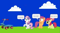Size: 1076x596 | Tagged: safe, artist:hako33, edit, apple bloom, scootaloo, sweetie belle, earth pony, pegasus, pony, unicorn, g4, cutie mark crusaders, illegible, scared, scooter, unreadable text, wat