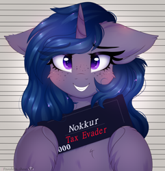 Size: 1446x1500 | Tagged: safe, artist:2pandita, oc, oc only, pony, unicorn, bust, commission, female, mare, mugshot, portrait, solo, tax evasion, ych result