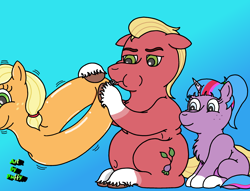 Size: 2570x1960 | Tagged: safe, artist:puffydearlysmith, applejack, sprout cloverleaf, oc, unnamed oc, earth pony, pony, unicorn, g4, g5, air nozzle, belly button, blowing, chest fluff, chubby, female, filly, floaty, floppy ears, foal, freckles, gradient background, inflating, inner tube, male, pool toy, puffy cheeks, smiling, stallion, story included, unshorn fetlocks