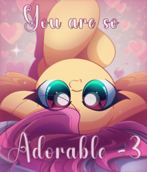 Size: 2400x2800 | Tagged: safe, artist:miryelis, fluttershy, pegasus, pony, g4, big eyes, cute, female, heart, high res, long hair, mare, shyabetes, smiling, solo, text, upside down