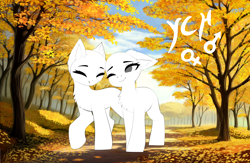Size: 4692x3050 | Tagged: safe, artist:empress-twilight, oc, pony, autumn, chest fluff, commission, duo, eyes closed, leaves, one eye closed, scenery, smiling, tree, your character here