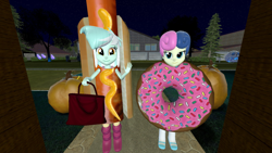 Size: 1920x1080 | Tagged: safe, artist:oatmeal!, bon bon, lyra heartstrings, sweetie drops, human, equestria girls, g4, 3d, accessory swap, bag, bone, candy bag, clothes, costume, donut, donut costume, food, food costume, gmod, group, halloween, halloween costume, holiday, hot dog, hot dog costume, le lenny face, looking at you, meat, mustard, night, pumpkin, sauce, sausage, shipping, skeleton, sprinkles, trick or treat