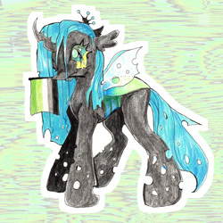 Size: 1280x1280 | Tagged: safe, artist:larvaecandy, queen chrysalis, changeling, changeling queen, pony, g4, aromantic, aromantic pride flag, pride, pride flag, solo, traditional art