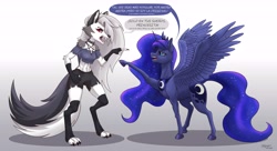 Size: 5500x3000 | Tagged: safe, artist:tauts05, princess luna, alicorn, demon, hellhound, pony, anthro, digitigrade anthro, g4, anthro with ponies, argument, duo, duo female, female, furry, gradient background, hellaverse, hellborn, helluva boss, implied blitzo buckzo, looking at each other, looking at someone, loona (helluva boss), namesake, pointing, pun, spanish, visual pun