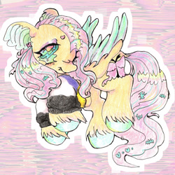 Size: 1280x1280 | Tagged: safe, artist:larvaecandy, fluttershy, pegasus, pony, g4, fangs, nonbinary, nonbinary pride flag, pride, pride flag, solo, traditional art