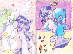 Size: 1577x1166 | Tagged: safe, artist:larvaecandy, princess celestia, starlight glimmer, trixie, twilight sparkle, alicorn, pony, unicorn, g4, clothes, cloven hooves, female, group, hat, lesbian, quartet, ship:startrix, shipping, traditional art, trixie's hat, twilight sparkle (alicorn)