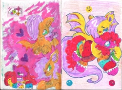 Size: 1589x1170 | Tagged: safe, artist:larvaecandy, fluttershy, pinkie pie, bat pony, earth pony, pony, g4, bat ponified, clown, clown nose, duo, flutterbat, pinkamena diane pie, race swap, red nose, traditional art, vein, veiny wings