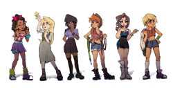 Size: 2545x1290 | Tagged: safe, artist:renjia254, applejack, fluttershy, pinkie pie, rainbow dash, rarity, twilight sparkle, human, g4, boots, bow, clothes, daisy dukes, dark skin, ear piercing, earring, hair bow, human coloration, humanized, jewelry, light skin, mane six, midriff, natural eye color, natural hair color, piercing, shoes, short shirt, shorts, simple background, skirt, sneakers, socks, white background