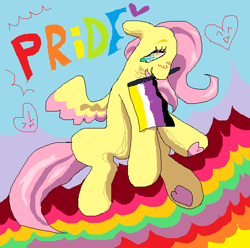 Size: 559x554 | Tagged: safe, artist:larvaecandy, fluttershy, pegasus, pony, g4, abstract background, colored eyebrows, colored wings, colored wingtips, countershading, emanata, floating heart, frog (hoof), heart, hoof heart, mouth hold, ms paint, nonbinary, nonbinary pride flag, pink mane, pink tail, pride, pride flag, progress pride flag, quality, rainbow, rainbow text, shiny mane, shiny tail, sitting, smiling, solo, spread wings, starry eyes, tail, teal eyes, text, two toned wings, underhoof, wingding eyes, wings, yellow coat