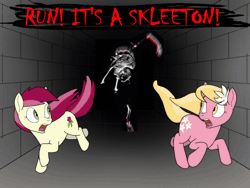 Size: 560x420 | Tagged: safe, artist:sufficient, lily, lily valley, roseluck, pony, g4, animated, bone, hallway, horror, looking back, running, scary, screaming, skeleton, text