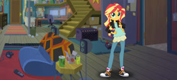Size: 1920x864 | Tagged: safe, artist:gouhlsrule, artist:mlpfan3991, editor:mlpfan3991, sunset shimmer, equestria girls, g4, game stream, my little pony equestria girls: better together, chair, clothes, controller, converse, female, game stream outfit, gamer sunset, hand on hip, jacket, shoes, sneakers, solo, sunset's apartment