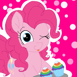 Size: 720x720 | Tagged: safe, artist:booglenoogle, pinkie pie, earth pony, pony, g4, cupcake, female, food, one eye closed, solo, tongue out, wink