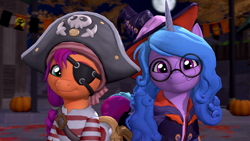 Size: 3840x2160 | Tagged: safe, artist:owlpirate, izzy moonbow, sunny starscout, earth pony, pony, unicorn, g5, 3d, 4k, clothes, costume, cute, duo, eyepatch, female, glasses, halloween, halloween costume, high res, izzybetes, looking at you, mare, pirate costume, round glasses, smiling, smiling at you, source filmmaker, sunnybetes, witch costume