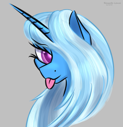 Size: 1263x1302 | Tagged: safe, artist:renarde-louve, trixie, pony, unicorn, g4, :p, bust, gray background, hair over one eye, horn, lidded eyes, looking at you, portrait, simple background, solo, tongue out