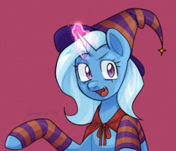 Size: 2105x1800 | Tagged: safe, artist:marthettau, trixie, pony, unicorn, g4, clothes, cute, cute little fangs, fangs, glowing, glowing horn, halloween, holiday, horn, looking at you, socks, solo, striped socks