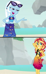 Size: 1590x2520 | Tagged: safe, edit, edited screencap, editor:mrtoonlover83, screencap, sunset shimmer, trixie, equestria girls, g4, clothes, female, lesbian, sarong, ship:suntrix, shipping, sunglasses, sunglasses on head, swimsuit