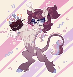 Size: 1959x2048 | Tagged: safe, artist:bishopony, oc, oc only, oc:doodlebug, classical unicorn, pony, unicorn, abstract background, bipedal, birthday, birthday cake, blush scribble, cake, cloven hooves, food, hat, hoof hold, horn, leonine tail, male, party hat, party horn, ponysona, solo, stallion, unshorn fetlocks
