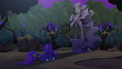 Size: 1920x1080 | Tagged: safe, artist:willoillo, nightmare moon, princess luna, alicorn, pony, g4, curved horn, ear fluff, ethereal mane, everfree forest, eyes closed, female, folded wings, horn, lying down, mare, mud, screenshot redraw, solo, starry mane, starry tail, statue, tail, wing fluff, wings