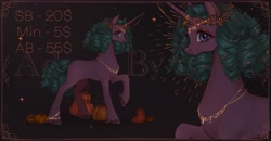 Size: 5759x3000 | Tagged: safe, artist:fridagloria, oc, oc only, pony, unicorn, absurd resolution, female, floral head wreath, flower, horn, horn ring, jewelry, looking at you, mare, necklace, pumpkin, ring, solo, unicorn oc