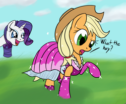 Size: 2284x1881 | Tagged: safe, artist:alorpax, applejack, rarity, earth pony, pony, unicorn, g4, applejack also dresses in style, clothes, dress, open mouth, open smile, smiling, starry eyes, what the hay?, wingding eyes