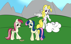 Size: 3150x1979 | Tagged: safe, artist:alorpax, bon bon, roseluck, surprise, sweetie drops, earth pony, pegasus, pony, g1, g4, adorabon, adoraprise, background pony, cloud, cute, female, flying, g1 to g4, generation leap, ground, hole, mare, open mouth, open smile, rosabetes, seeds, smiling, surprise can fly, trio