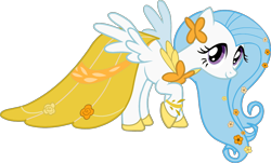 Size: 2048x1234 | Tagged: safe, artist:maddietheuniversalfan68, edit, cotton cloudy, butterfly, pegasus, pony, g4, alternate universe, castle creator, clothes, cotton cloudy also dresses in style, cotton cloudy's first gala dress, cottonbetes, cute, dress, female, flower, flower in hair, gala dress, mare, older, older cotton cloudy, raised hoof, raised leg, shoes, simple background, smiling, solo, stock vector, transparent background, yellow dress