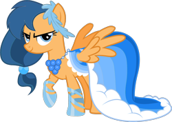 Size: 2048x1453 | Tagged: safe, artist:maddietheuniversalfan68, edit, first base, pegasus, pony, g4, adorabase, alternate universe, awesome, blue dress, brave, castle creator, clothes, cute, dress, female, first base always dresses in style, first base's first gala dress, gala dress, jewelry, mare, narrowed eyes, necklace, older, pegasus first base, race swap, raised hoof, raised leg, regalia, rule 63, shoes, simple background, slippers, smiling, solo, stock vector, transparent background