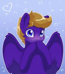 Size: 1920x2194 | Tagged: safe, artist:maravor, oc, oc only, oc:wing front, pegasus, pony, blue eyes, blushing, brown mane, bust, heart, male, pegasus oc, purple fur, simple background, solo, wings