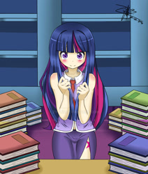 Size: 1600x1886 | Tagged: safe, artist:zythy, twilight sparkle, human, g4, arm boob squeeze, between breasts, book, bookshelf, breasts, clothes, cutie mark on human, deviantart watermark, female, humanized, necktie, obtrusive watermark, pile of books, side slit, skirt, solo, watermark