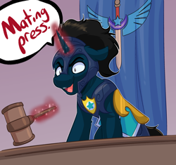 Size: 2632x2476 | Tagged: safe, artist:witchtaunter, oc, oc only, oc:slashing prices, pony, unicorn, armor, badge, commission, courtroom, gavel, helmet, high res, horn, magic, magic aura, male, mating press, meme, open mouth, royal guard, royal guard armor, smiling, solo, speech bubble, stallion, telekinesis, text, unicorn oc