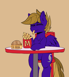 Size: 3174x3500 | Tagged: safe, artist:cozziesart, oc, oc:wing front, pegasus, pony, brown mane, brown tail, burger, cute, eating, food, french fries, high res, hurricane, male, mcdonald's, nom, pegasus oc, purple fur, simple background, table, tail