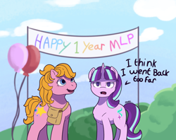 Size: 6250x4961 | Tagged: safe, artist:morrigun, derpibooru exclusive, starlight (g1), starlight glimmer, earth pony, pony, unicorn, mlp fim's thirteenth anniversary, g1, g4, my little pony tales, annoyed, bag, balloon, banner, duo, eyes open, female, looking at you, mare, open mouth, s5 starlight, signature, smiling, standing, text, time travel