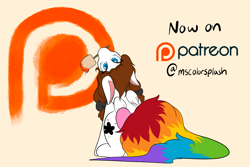 Size: 2048x1365 | Tagged: safe, artist:mscolorsplash, oc, oc only, oc:color splash, pegasus, pony, advertisement, beige background, female, floppy ears, looking at you, looking up, mare, mouth hold, nose in the air, paintbrush, patreon, patreon logo, rainbow tail, simple background, sitting, solo, tail