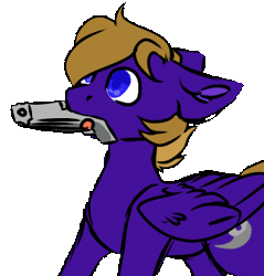 Size: 313x327 | Tagged: safe, artist:fluffyghost, oc, oc only, oc:wing front, pegasus, pony, animated, blue eyes, brown mane, gif, gun, meme, pegasus oc, purple fur, self-defense, shaking, silly, simple background, solo, transparent background, weapon, wings